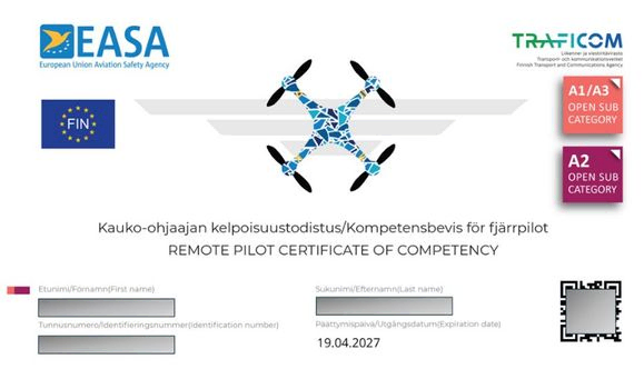 Uudenmaan Lämpökuvaus, Dronen kauko-ohjaajan pätevyys A1, A2 ja A3